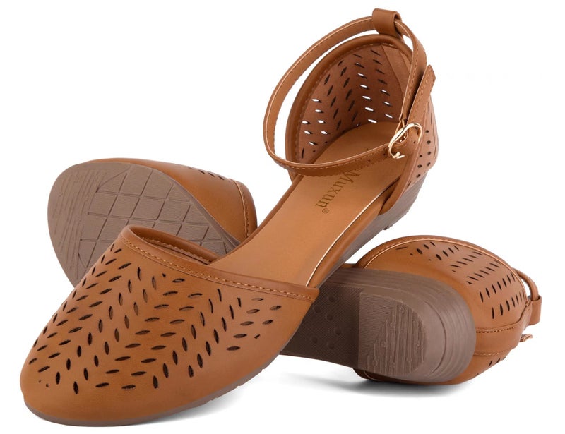 MaxMuxun Women's Ankle Strap Cage Closed Toe Flat Sandals Brown Size 9 - Image 3